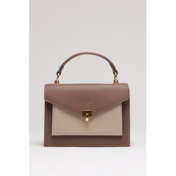 Geanta office mica din piele ecologica maro cu beige