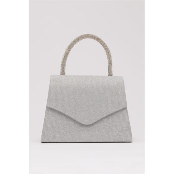 Gentuta argintie din glitter si maner rotund cu strasuri