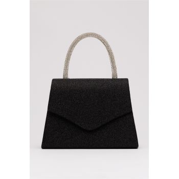 Gentuta neagra din glitter si maner rotund cu strasuri