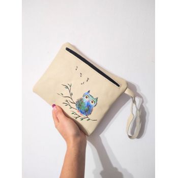 Portfard personalizat din piele naturala ivoire,cu bufnita pictata