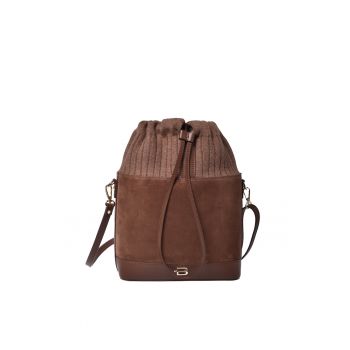 Geanta bucket din piele intoarsa cu garnitura din material textil