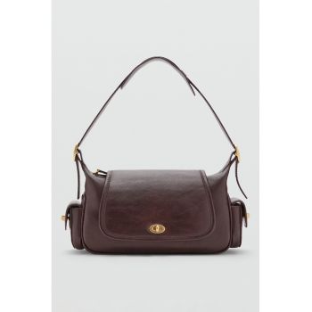 Geanta de piele ecologica cu bareta de umar si buzunare cu clapa