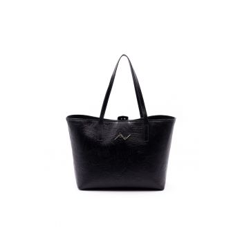 Geanta din piele cu bareta de umar si detaliu logo - Negru