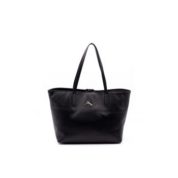 Geanta din piele cu bareta de umar si logo - Negru