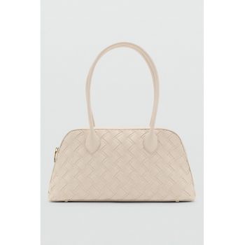 Geanta din piele ecologica cu bareta de umar si aspect tesut