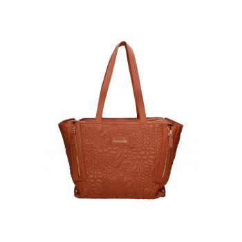 Geanta din piele ecologica cu bareta de umar si fermoare laterale - Maro