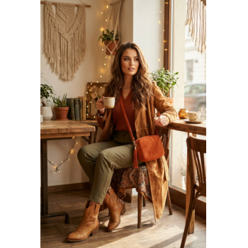 Geanta din piele intoarsa cu franjuri, model crossbody, caramizie