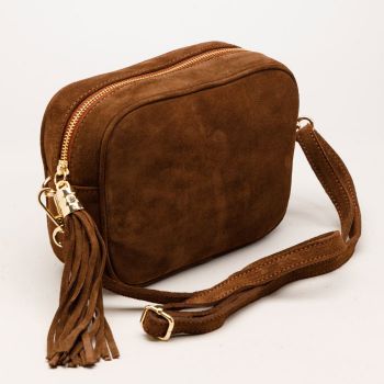 Geanta din piele intoarsa cu franjuri, model crossbody, maro