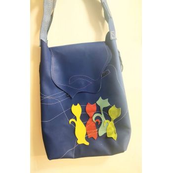 Geanta sac albastru electric,cu pisicute  colorate ,din piele naturala