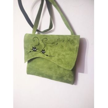 Geanta verde olive ,pictata manual,cu pisicute -Bucurie colorata