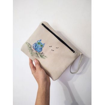 Portfard personalizat din piele naturala cu bufnita pictata si note muzicale