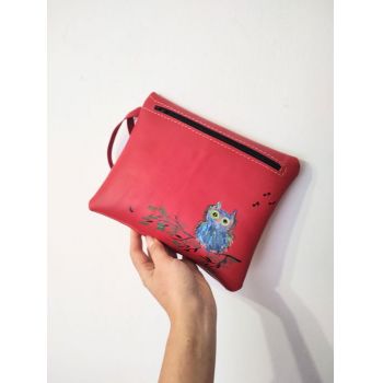 Portfard personalizat din piele naturala, cu bufnita pictata