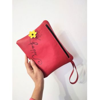 Portfard personalizat ,din piele naturala , cu margareta si mesaj pictat