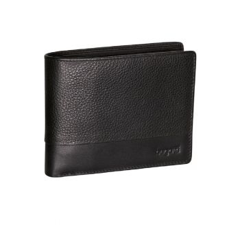 Portofel pentru barbati  Atlanta - Din piele naturala nappa si poliester - 12 x 9 -5 cm - Negru