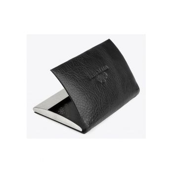 Etui pentru carti de vizita  piele naturala - negru - cu mecanism metalic