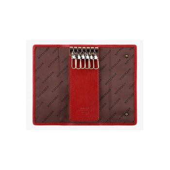 Etui pentru chei  piele naturala - 6 carabiniere - inchidere cu capse - rosu