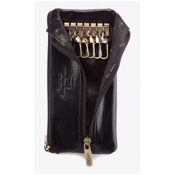 Etui pentru chei  piele naturala - 6 carabiniere - negru - 8x15cm