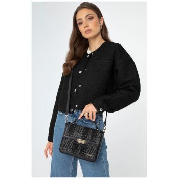 Geanta crossbody dama  poliester - negru - cu detalii din piele ecologica