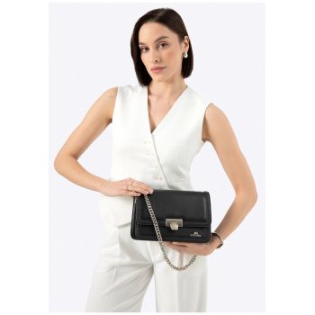 Geanta crossbody din piele naturala  cu doua compartimente - curea reglabila - neagra