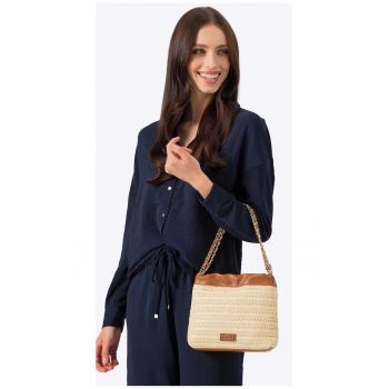 Geanta crossbody  din polipropilena si piele ecologica - doua compartimente - bej-maro