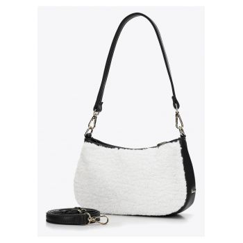 Geanta dama  bagheta mica - ecologica - crem-neagra - cu fasie din blana artificiala - cu doua compartimente.