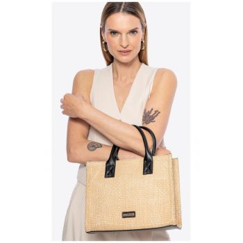 Geanta dama  boho - piele ecologica si polipropilen - bej-negru - cu manere