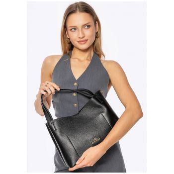 Geanta dama  cu manere - din piele naturala - negru - cu doua compartimente - cu bareta detasabila