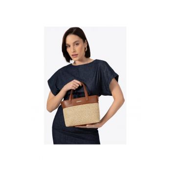 Geanta dama  din piele ecologica si polipropilena - bej-maro - cu curea reglabila