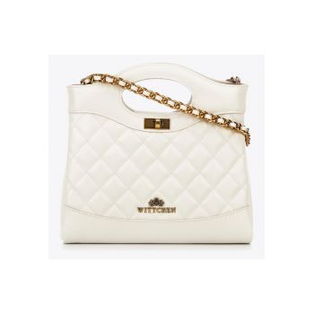 Geanta dama  din piele naturala crem - cu detalii geometrice - cu lant si manere