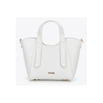 Geanta dama  mini - ecologica - alb - cu manere decorative si bretea reglabila