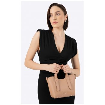 Geanta dama  mini - ecologica - bej - cu manere decorative si bretea reglabila