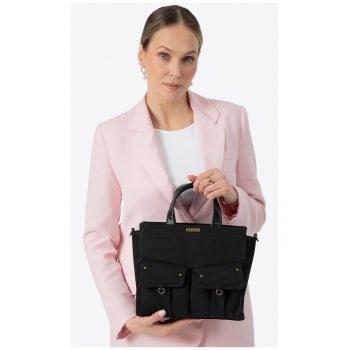 Geanta dama  neagra - din bumbac si poliester - cu doua manere si curea reglabila