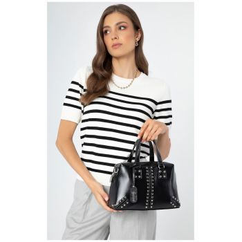 Geanta dama  piele ecologica - cu nitute - negru - cu manere si curea reglabila