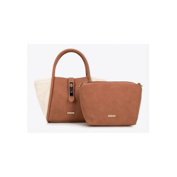 Geanta dama  piele ecologica si blana sintetica - bej