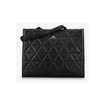 Geanta dama  shopper din piele naturala - geometrie - negru-argintiu - 3 compartimente - A4