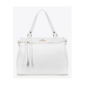 Geanta de dama  din piele naturala - alba - cu doua compartimente si curea reglabila