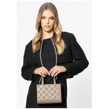 Geanta de dama  din piele naturala - cu imprimeu - bej inchis