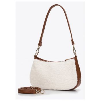 Geanta de dama  model bagheta - ecologica - crem-brun - cu detalii din blana artificiala - dimensiuni 30x20cm