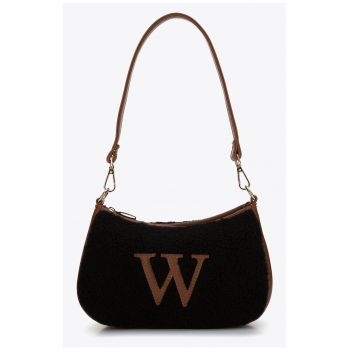 Geanta de dama  model bagheta - ecologica - cu detalii din blana artificiala - negru-maro - dimensiuni mici