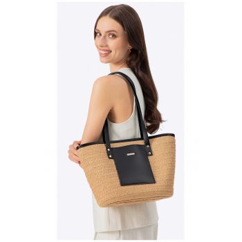 Geanta de dama tip cos  bej-negru - material din paie - cu manere din piele ecologica