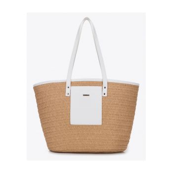 Geanta de dama tip cos din impletitura si piele ecologica - bej-crem -  cu manere - dimensiuni 30x25cm