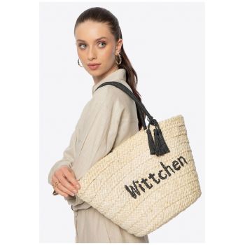 Geanta de dama  tip cos - din material din husa de porumb - cu manere contrastante - 3 ciucuri detasabili - bej-negru