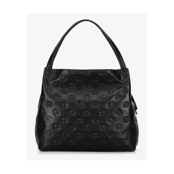 Geanta de dama tip sac  din piele naturala cu monograma - negru