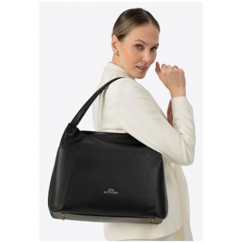 Geanta de dama tip sac  piele naturala neagra cu detalii aurii - compartiment principal pentru documente A4