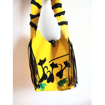 Geanta handmade sac ,din piele naturala  galbena,Dansul pisicutelor
