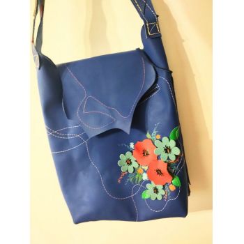 Geanta sac albastru electric,cu flori colorate ,din piele naturala
