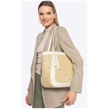 Geanta shopper boho  poliuretan - decorativa - cu doua compartimente - bej-crem