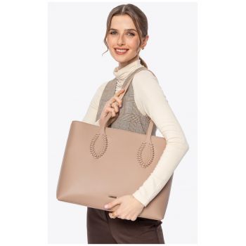 Geanta shopper din piele ecologica  bej - cu detalii impletite - 3 compartimente