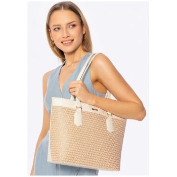 Geanta shopper din piele ecologica si impletitura -  bej-crem