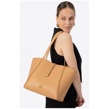 Geanta shopper din piele naturala  bej - cu manere din microfibra - cu poseta detasabila